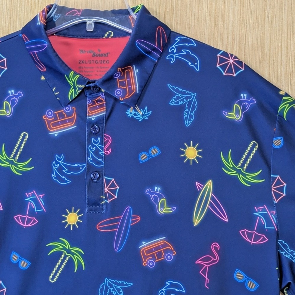 Birdie Bound Men 2XL Neon Tropical Golf Polo Shirt Navy Blue Performance Stretch